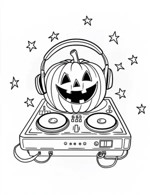 Pumpkin Headed DJ with Headphones Halloween Coloring Page by Mindset Flow
