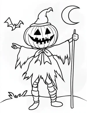 Pumpkin Headed Scarecrow with Staff Halloween Coloring Page by Mindset Flow
