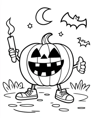 Pumpkin Holding Candle with Flying Bats Halloween Coloring Page by Mindset Flow