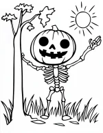 Pumpkin Skeleton Standing by Tree Halloween Coloring Page by Mindset Flow