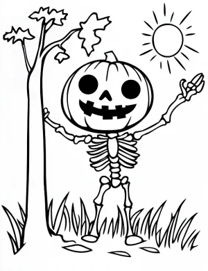 Pumpkin Skeleton Standing by Tree Halloween Coloring Page by Mindset Flow