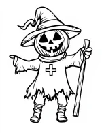 Pumpkin Witch Scarecrow with Wand Halloween Coloring Page by Mindset Flow