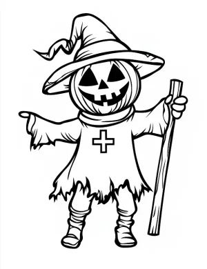 Pumpkin Witch Scarecrow with Wand Halloween Coloring Page by Mindset Flow