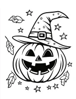 Pumpkin with Witch Hat and Stars Halloween Coloring Page by Mindset Flow