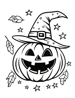 Pumpkin with Witch Hat and Stars Halloween Coloring Page by Mindset Flow