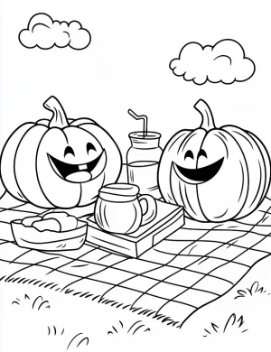 Pumpkins on a Picnic Fun Halloween Coloring Page by Mindset Flow