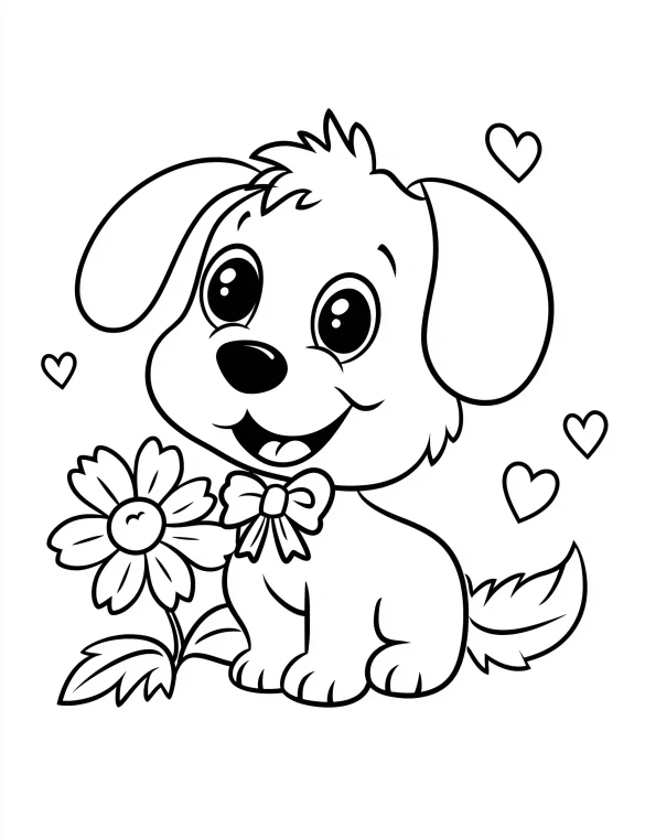 Puppy with Daisy Flower and Hearts Coloring Page