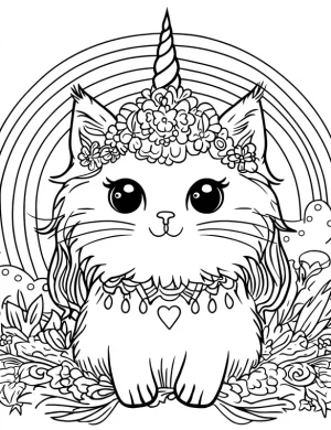 Rainbow Unicorn Cat with Floral Crown Coloring Page