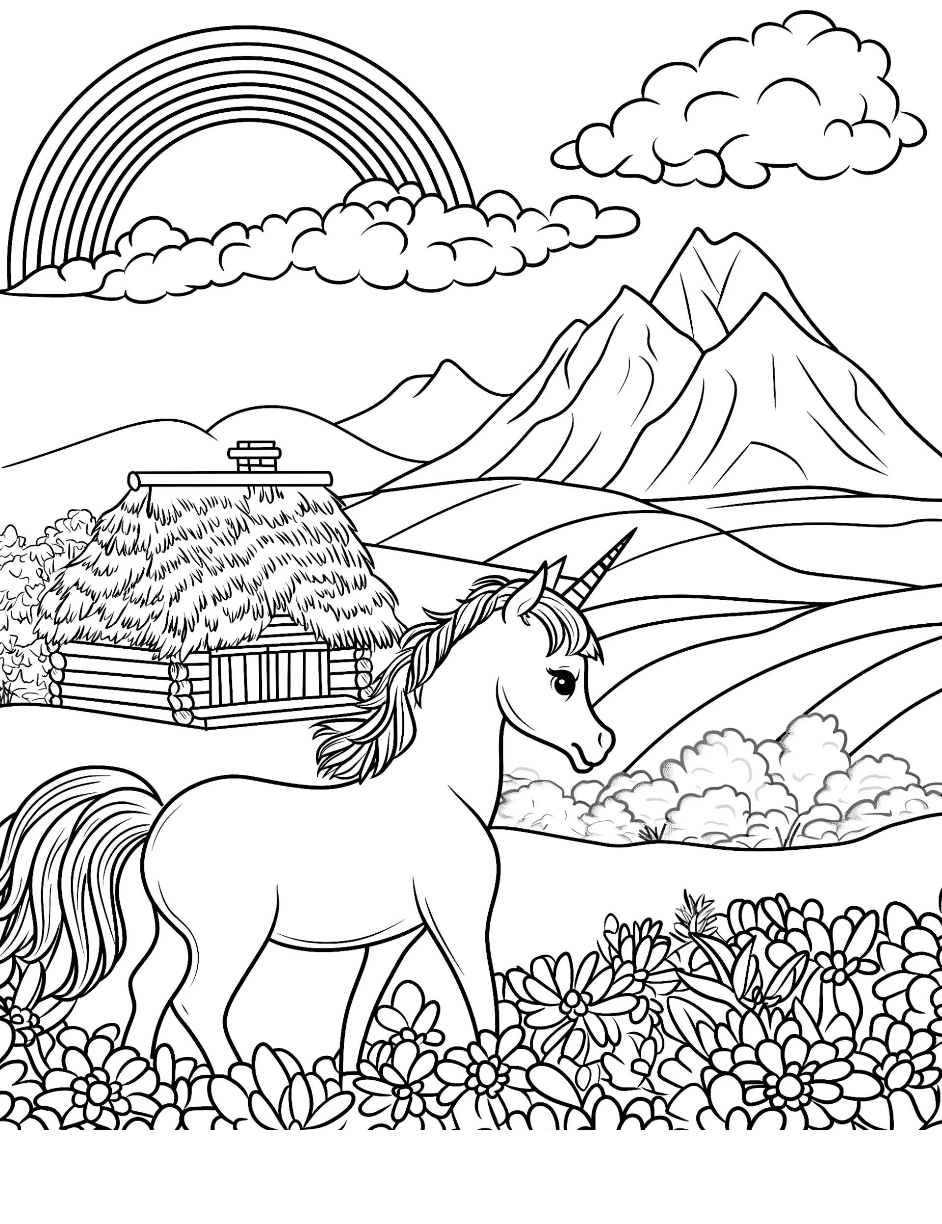 Rainbow Unicorn Standing Among Flowers with Thatched Cottage Coloring Page