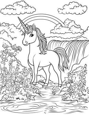 Rainbow Unicorn Standing on Hill with Flowers and Waterfall Coloring Page