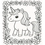 Rainbow Unicorn with Flowers Surrounded by a Border of Flowers Coloring Page