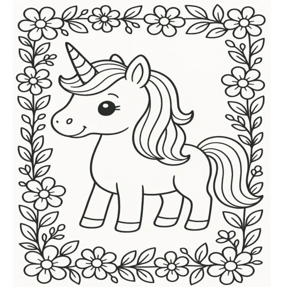 Rainbow Unicorn with Flowers Surrounded by a Border of Flowers Coloring Page