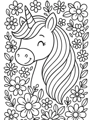 Rainbow Unicorn with Flowers and Flowing Mane Coloring Page