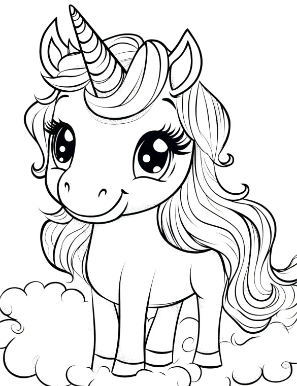Rainbow Unicorn with Flowing Curly Mane and Tail Coloring Page