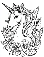 Rainbow Unicorn with Flowing Mane Surrounded by Large Detailed Flowers and Leaves Coloring Page