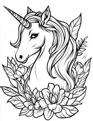 Rainbow Unicorn with Flowing Mane Surrounded by Large Detailed Flowers and Leaves Coloring Page