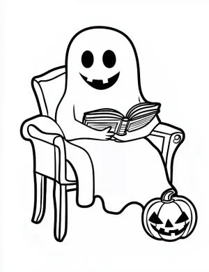 Reading Ghost with Jack-O-Lantern Halloween Coloring Page by Mindset Flow