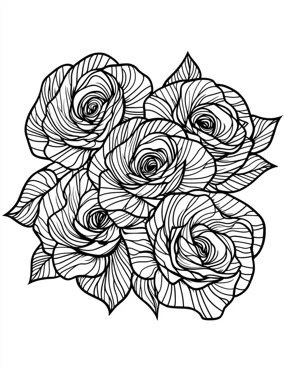 Realistic Rose Blooms Detailed Printable Floral Art Coloring Page