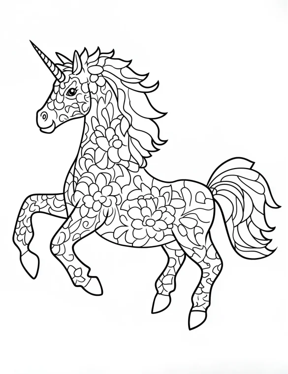 Rearing Unicorn Filled with Decorative Floral Mandala Patterns Coloring Page