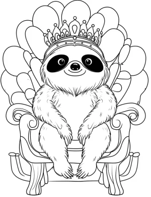 Regal Sloth Wearing Tiara on Throne Coloring Page by Mindset Flow