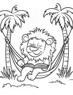 Relaxing Lion Reading by Palm Trees Coloring Page by Mindset Flow