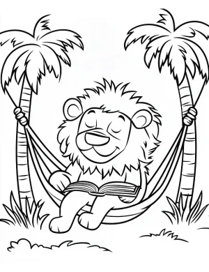 Relaxing Lion Reading by Palm Trees Coloring Page by Mindset Flow