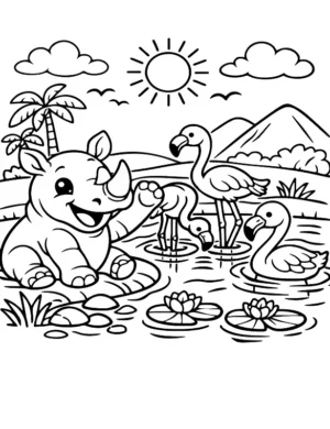 Rhino Flamingo Lake Coloring Page By Mindset Flow