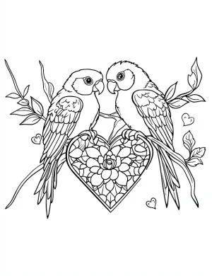 Romantic Parrots with Mandala Heart Coloring Page by Mindset Flow