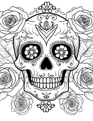Rose-Enclosed Skull with Elegant Patterns Adult Coloring Page by Mindset Flow