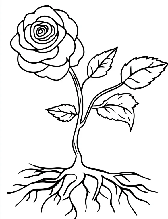 Rose Flower with Leaves and Visible Roots Coloring Page