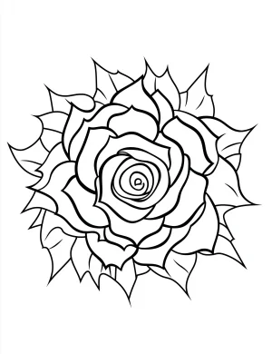 Rose with Saw-Blade-Like Circular Frame and Detailed Leaves Coloring Page