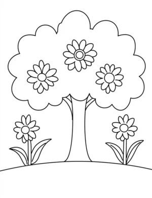 Rounded Tree with Flowers Kids Printable Coloring Page