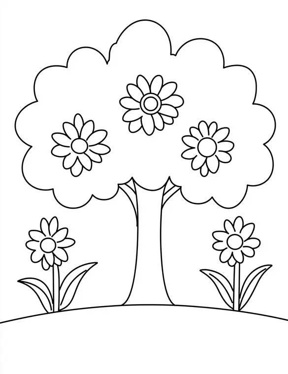 Rounded Tree with Flowers Kids Printable Coloring Page