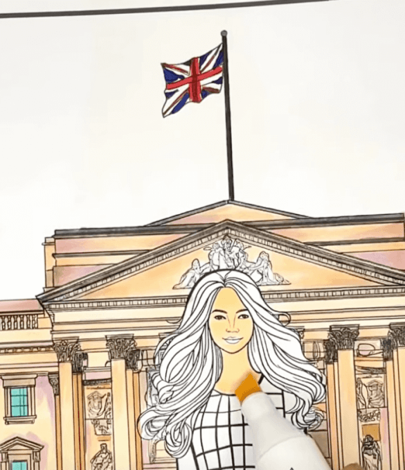 Royal Elegance Girl at Buckingham Palace Adult Coloring Page-HowToVideo
