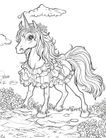 Royalty Unicorn in Floral Dress with Flower Crown in Fairytale Garden Coloring Page