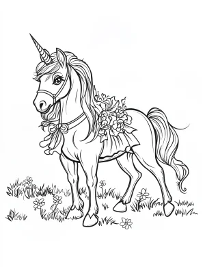 Royalty Unicorn with Flower Garland in Fairytale Kingdom Coloring Page