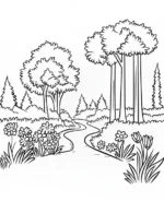 Rustic Wildflower Meadow Pathway with Trees and Flowers Coloring Page