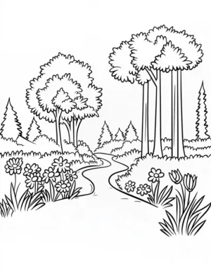 Rustic Wildflower Meadow Pathway with Trees and Flowers Coloring Page