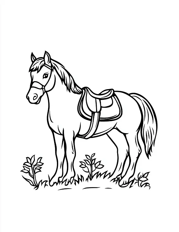 Saddled Horse In Grass Field Adult Coloring Page By Mindset Flow