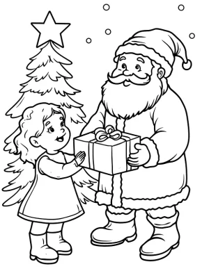 Santa Claus Giving a Gift to a Happy Girl Christmas Coloring Page By Mindset Flow