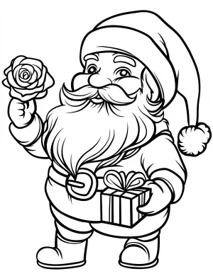 Santa Claus Holding a Rose and Gift with Christmas Cheer Coloring Page