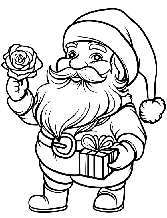 Santa Claus Holding a Rose and Gift with Christmas Cheer Coloring Page
