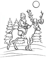 Santa Claus Riding Reindeer In Snowy Forest Christmas Coloring Page by Mindset Flow