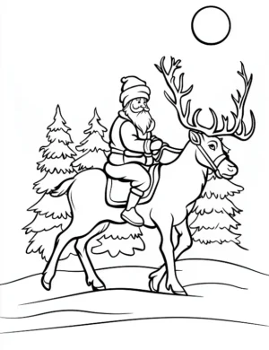Santa Claus Riding Reindeer In Snowy Forest Christmas Coloring Page by Mindset Flow