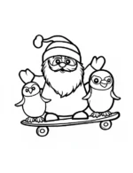 Santa Claus Skateboarding with Penguins Coloring Page By Mindset Flow