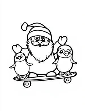 Santa Claus Skateboarding with Penguins Coloring Page By Mindset Flow