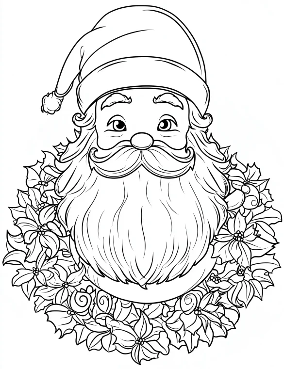 Santa Claus Wreath with Poinsettias Coloring Page