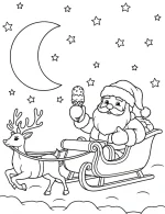Santa Claus in Sleigh with Reindeer Under Moon and Stars Christmas Coloring Page By Mindset Flow