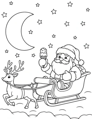 Santa Claus in Sleigh with Reindeer Under Moon and Stars Christmas Coloring Page By Mindset Flow