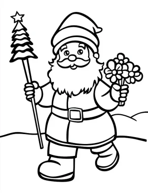 Santa Claus with Tree and Flowers Christmas Coloring Page by Mindset Flow
